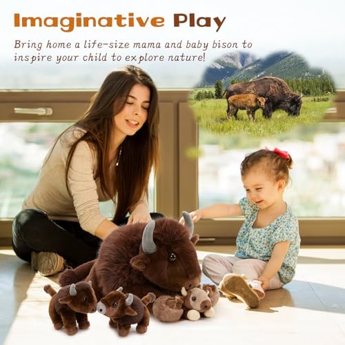 MorisMos Bison Stuffed Animal, 18inch Mommy Bison with 3 Babies