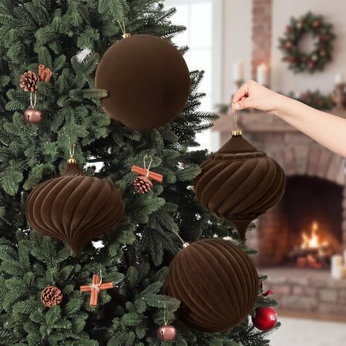 Civaner 4 Pcs Large Velvet Christmas Ball,8 Inch,Dark Brown