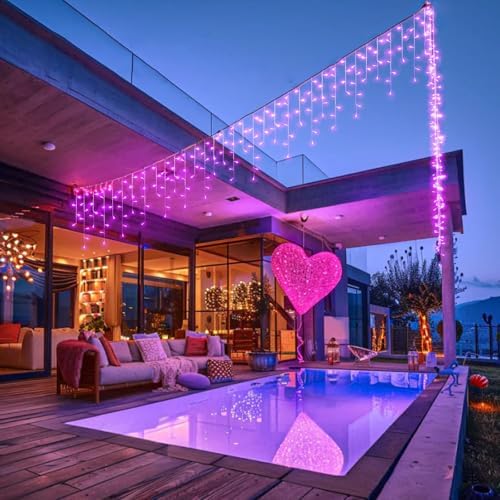 99ft Pink Icicle Christmas Lights Outdoor, 1216 LED Icicle Lights for Outside Clear Wire Twinkle Lights with 8 Modes Timer Waterproof for Window Party Wedding Yard Holiday Valentine's Day Decorations