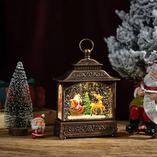 Christmas Snow Globe Lantern，Bronze‑Santa Sled & Reindeer