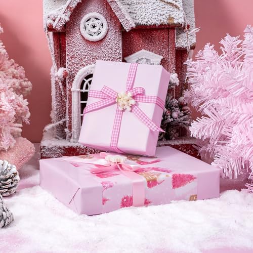 WRAPAHOLIC 30 Inch Jumbo Reversible Christmas Wrapping Paper - 30 Inch x 100 Feet Jumbo Roll Pink Gingerbread House and Solid Pink Wrapping Paper for Christmas, Holiday, Party Celebration