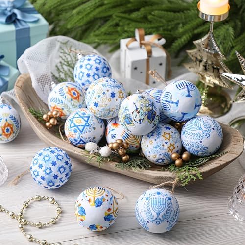 Outus 16 Pcs Hanukkah Ball Ornaments Hanukkah Hanging Ornament for Tree Blue and White Jewish Christmas Decorations for Tree Star of David Chanukah Party Decorations