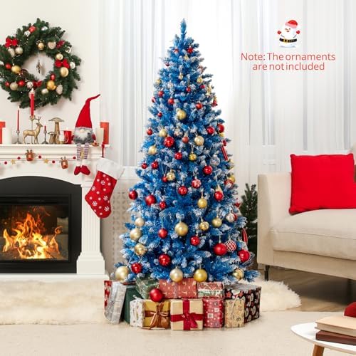 HAPPYGRILL 6 FT Pre-lit Christmas Tree Blue Hinged Artificial Xmas Tree with 270 Warm White LED Lights, 8 Modes, 767 Frosted Branch Tips, Folding Metal Base, for Home Party Holiday