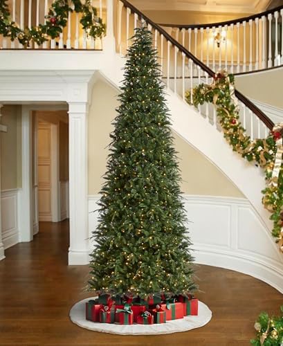 Glitzhome 11ft Prelit Artificial Christmas Tree,Radiant Evergreen Fir with 850 Warm White/Multi-color LED Lights,9 Function,w/Remote Control,Holiday Décor w/Easy Assembly,Metal Hinges & Foldable Base