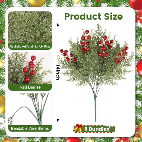 6 Bundles Artificial Christmas Flowers, Norfolk Pine Stems with Red Berries