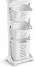 3 Tier Laundry Basket, Stackable Rolling Laundry Sorte Multi-functional Clothes Washing Storage Hamper Bin with Wheels for Bathroom, Household Kitchen (White)