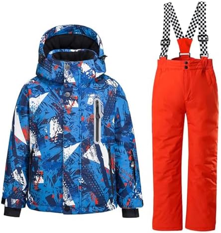 WOWULOVELY Big Boy's 2-Piece Colorblock Snow Pants and Jacket Snowsuit Ski Suit