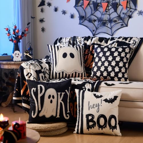 Halloween Decor Pillow Covers 16x16 Inch,Set of 4 Halloween Decorations Outdoor Indoor Throw Pillow Covers, Hey Boo Cute Spooky Ghost Black Striped Linen Cushion Case for Home Sofa Couch Bed Chair