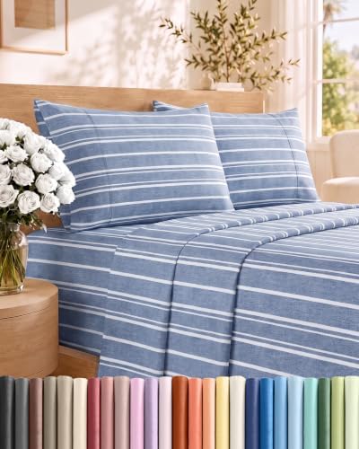 Cal King Size 4 Piece Sheet Set - Comfy Breathable & Cooling - Blue Stripes
