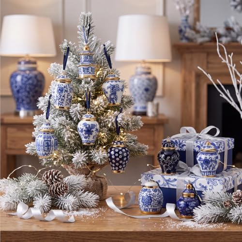 Peryiter 12 Pieces White Blue Christmas Ornaments Chinoiserie Porcelain Christmas Ornaments Mini Ginger Jar for Xmas Tree Decoration(Classic B)