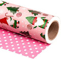 WRAPAHOLIC 30 Inch Reversible Gnome Christmas Wrapping Paper - 30 Inch x 33 Feet - Red Green Gnome Wrapping Paper and Pink White Polka Dots for Christmas, Holiday, Party