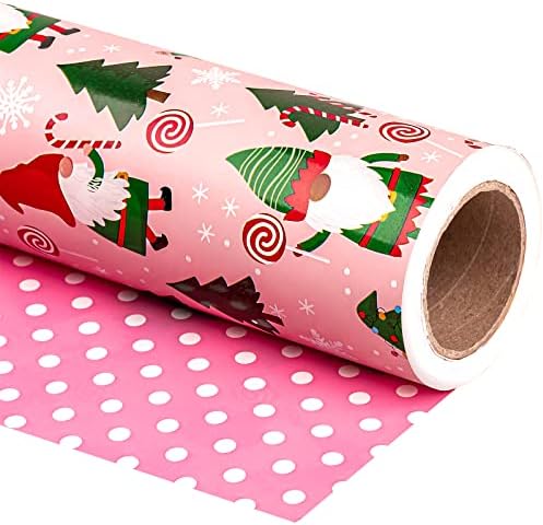 WRAPAHOLIC 30 Inch Jumbo Reversible Gnome Christmas Wrapping Paper - 30 Inch x 100 Feet Jumbo Roll Red Green Gnome Wrapping Paper and Pink White Polka Dots for Christmas, Holiday, Party