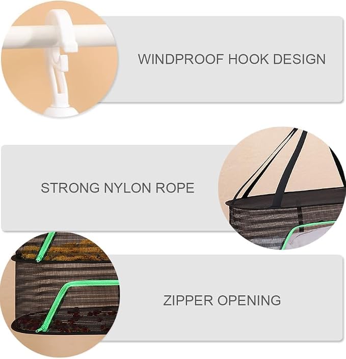 Foldable Drying Net for Vegetables, Fish, and Dehydrated Goods, Multi-Tiered Food Drying Net, Versatile Drying Rack, Windproof Design, Zipper Closure for Insect Protection Dual Layer Black