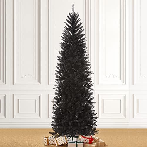 Glitzhome Pencil Tinsel Artificial Christmas Tree, 7.5ft Black Halloween Christmas Tree with 1188 Branch Tips and Foldable Metal Stand for Home Office Party Decoration