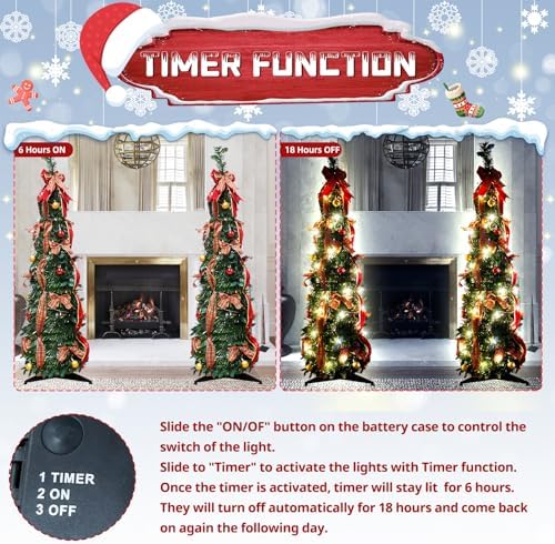 4FT Pop Up Christmas Tree Pre-lit Green Pencil w/Bow & Balls，60 Lights