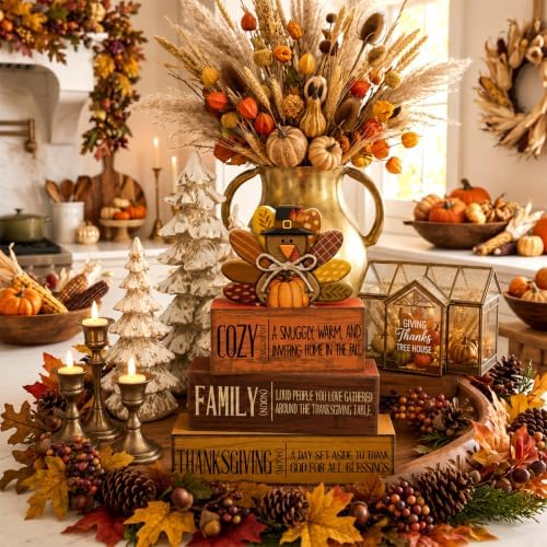 Moucuny 4 Pcs Thanksgiving Table Decoration, Cozy Turkey Wooden Block Signs