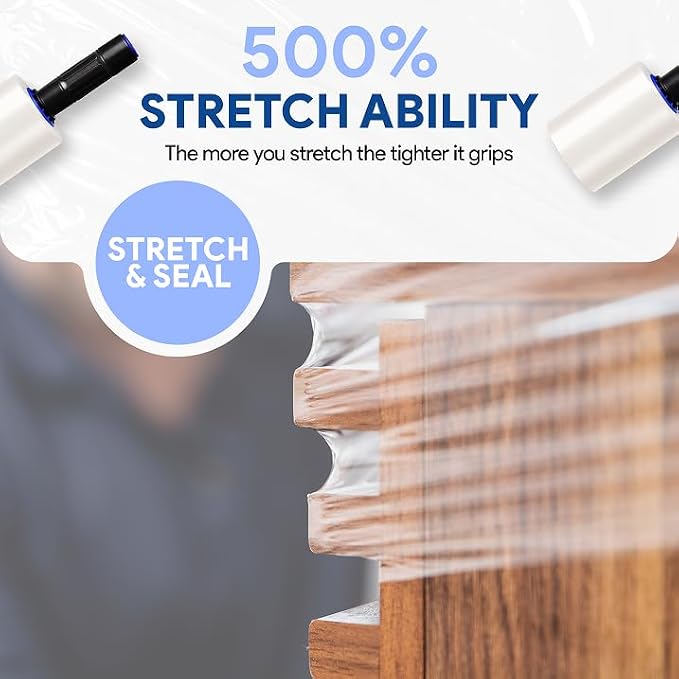 International Plastics Co. 5" Plastic Stretch Film Wrap with Extended Handles 1000ft Each 500% Stretch Clear Cling Durable Adhering Packing Moving Packaging Heavy Duty Shrink (5", 24 Pack)