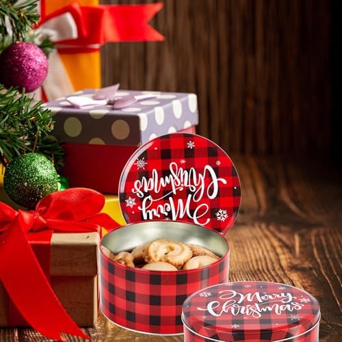 6.5Inch Christmas Cookie Tins, Cookie Tins with Lids for Christmas Holiday Gift Giving, Metal Empty Round Cookie Containers, 6Pack