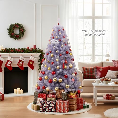 HAPPYGRILL 6 FT Pre-lit Tinsel Christmas Tree Artificial Xmas Tree with 250 LED Lights, 8 Modes, 688 Lavender Purple Branch Tips, Folding Metal Stand, Seasonal Holiday Tree for Home Office Party
