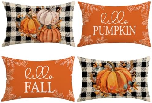 Fall Decor for Home,Fall Pillow Covers 20x12 Set of 4 Rustic Indoor Outdoor Decorations Orange Plaid Throw Pillow Covers,Hello Pumpkin Linen Autumn Cushion Case for Sofa Couch Chair Bedroom