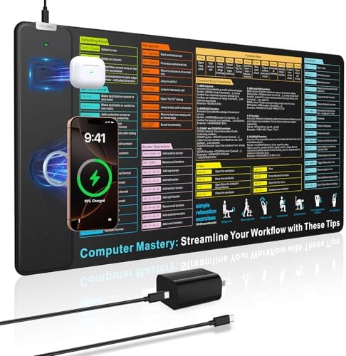 Wireless Charging Mouse Pad with Excel Formulas Shortcuts, 31.5"x15.8" in