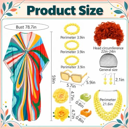 Halloween Women Landlady Costume Caftan Dress Curly Wig Jewelry & Sunglass
