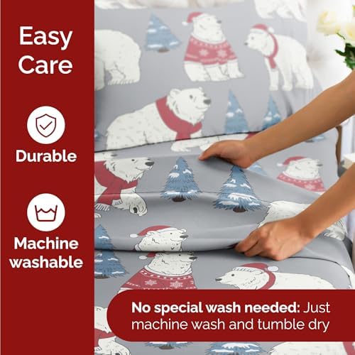 Christmas Sheet Set, Santa Bears, Holiday Xmas Bedding Set - Queen Size