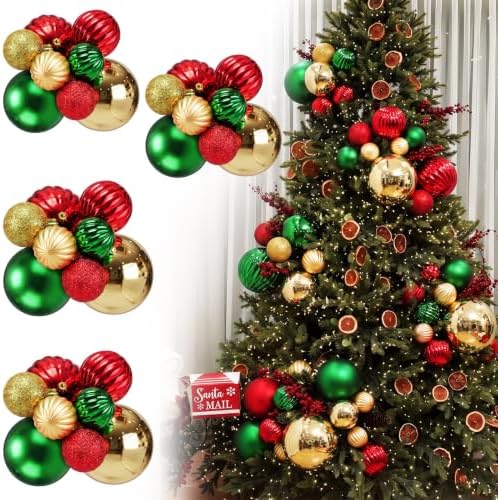 4 Set Large Red Green Gold Christmas Ball Cluster Fabric Ball Ornament