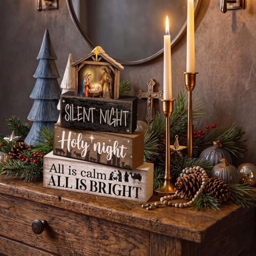 Lineshading 4 Pcs Christmas Table Decor, Nativity Scene Tiered Tray Decor