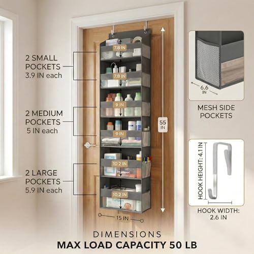 HOMELUX THEORY Over the Door Organizer, 6-Tier, 100D Fabric, Dark Gray 2pc