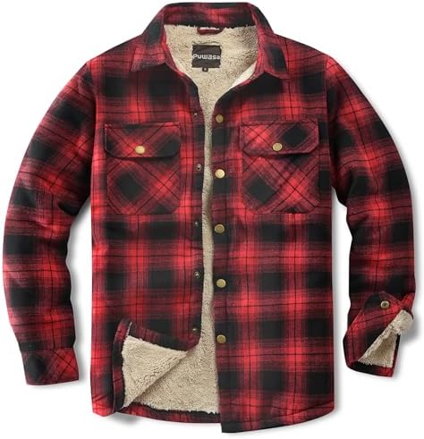 Men's Sherpa Cotton Flannel Shirt Jacket Plaid Button Coat Pocket