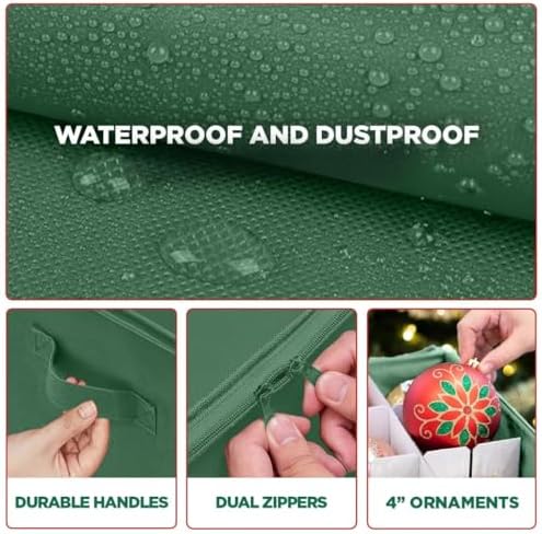 Christmas Ornament Storage Container with Dividers - Box Stores Up to 96 Ornaments, Zippered, Convenient, Adjustable, Large Organizer Bin to Protect Holiday Décor, Fits Most Standard Size, Green