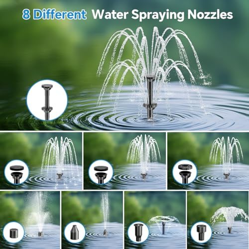 POPOSOAP 8W Solar Fountain Pump with Built-in 3600mAh Battery, Solar Powered Bird Bath Fountain with Dry-run Protection & Double-layer Nozzles 5Ft Tubing for Pond, Bird Bath, Backyard Water Feature