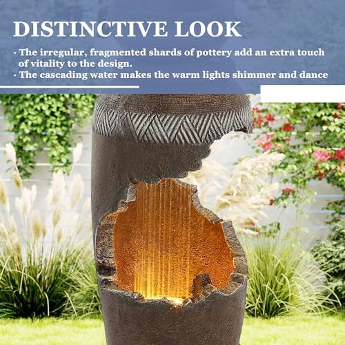 Grepatio Outdoor Water Fountain with LED Light, Tiered Urn Water Fountain with Planter, 30" H Large Outdoor Cascading Fountains with Waterfall for Garden, Yard, Deck Decor with Cracked Urn Look