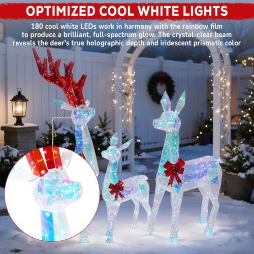 Hykolity 4 FT 3D Iridescent Prismatic Lighted Deer Family Set, 3-Piece Outdoor Christmas Reindeer Decorations with 180 Cool White LED Lights for Yard, Lawn and Porch