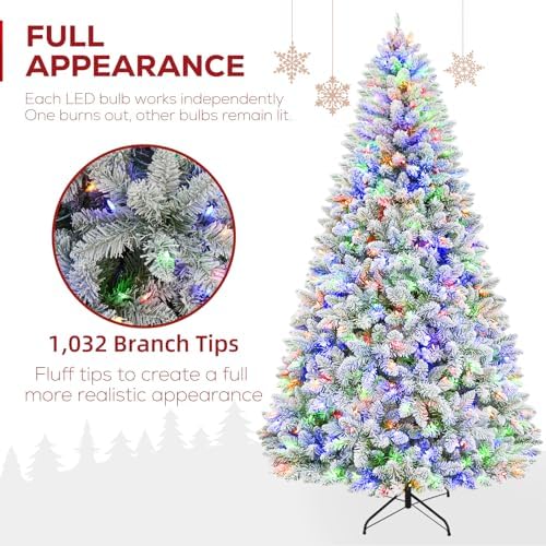 Hykolity 6ft Pre-lit Artificial Christmas Tree with 250 Multicolor LED Lights, 10-Mode Snow Flocked Christmas Tree with 1032 PVC Tips, Metal Stand & Hinged Branches for Holiday