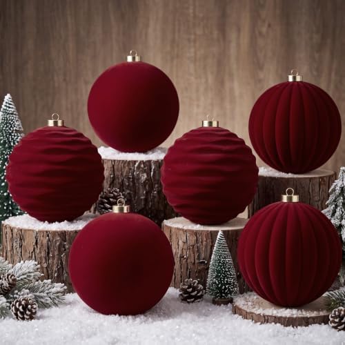 Syhood 12 Pcs 6 Inch Velvet Christmas Balls Large Ornaments, Burgundy