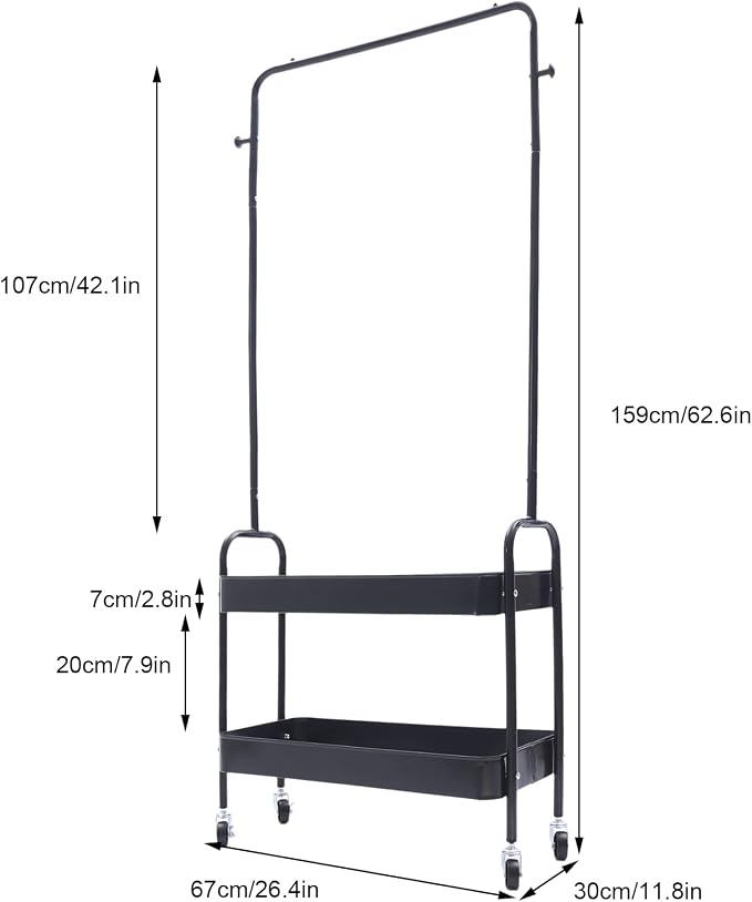Clothing Rack, Portable Hanging Storage Organizer Garment Rack Clothing Racks with 2 Tier Basket Floor Standing Clothing Rack with Wheels for Home Bedroom Laundry (Black)