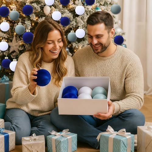 Gemscream 30 Pcs Velvet Christmas Balls, 3.15" Flocked Blue Ornaments, Blue