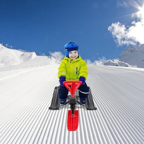 Snow Sled, Baby Sled with Steering Wheel Double Brakes, Durable Steel Frame Ice Fishing Sled for Skiing, Ice Skating, and Sand Skiing, can Bear 220 Lbs, Black+Red