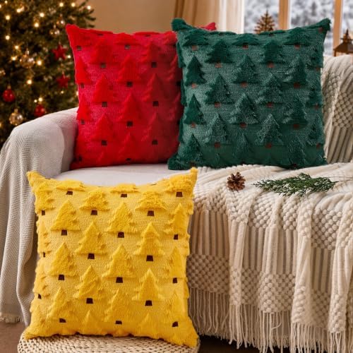 Allorry Christmas Pillow Covers 18x18 inch Set of 2 Yellow Christmas Decorations Soft Plush Faux Fur Wool Christmas Tree Throw Pillow Cases Winter Holiday Decor for Sofa Living Room PT002G18