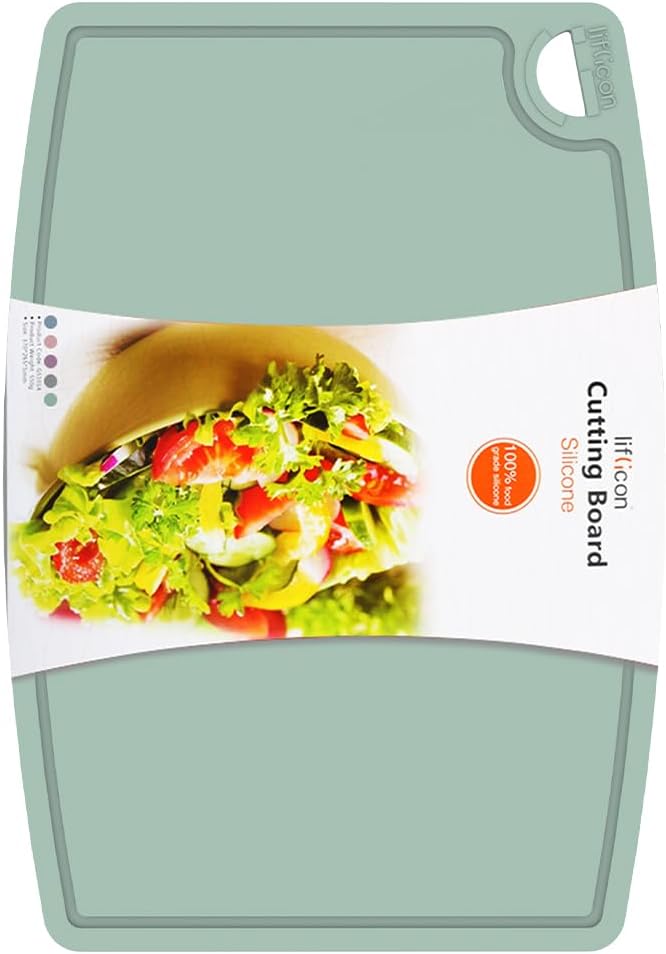 Thick Silicone Cutting Board 12.6'' x 9.1'' Foldable & Flexible Design Juice Grooves Easy Grip Handle Dishwasher Safe-Light Green