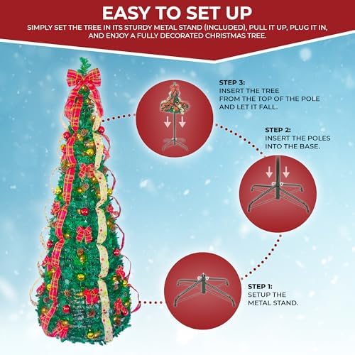 7.5 Ft Pre-Lit Pop-Up Christmas Tree with Ornaments, Pinecones & Warm Lights – Fully Decorated (2.8ft Diameter)