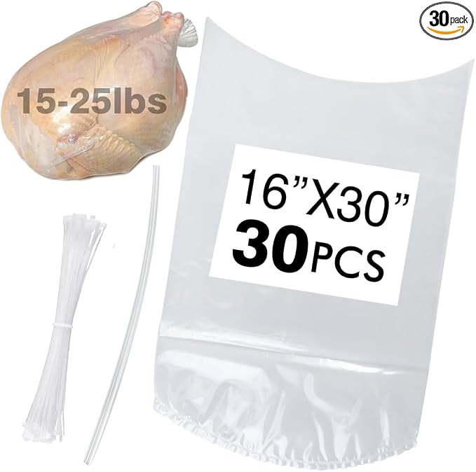 Turkey Shrink Bag, Poultry Shrink Bags, 30 Pack 16x30 inches Clear Shrink Wrap Bags with 30 Zippers, Silicone Straws for Chickens, Rabbits & Turkey