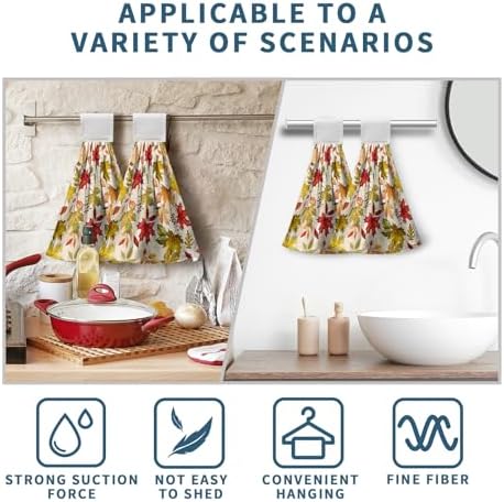 2 Pcs Fall Maple Leaves Hanging Kitchen Towels with Loop Autumn Thanksgiving Hand Tie Towels Fast Drying Dish Washcloths Soft Absorbent Fingertip Bath Towel for Bathroom Farmhouse Decor