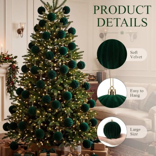 Liliful 3.15 Inch 12 Pcs Velvet Christmas Ornaments Balls, Dark Green
