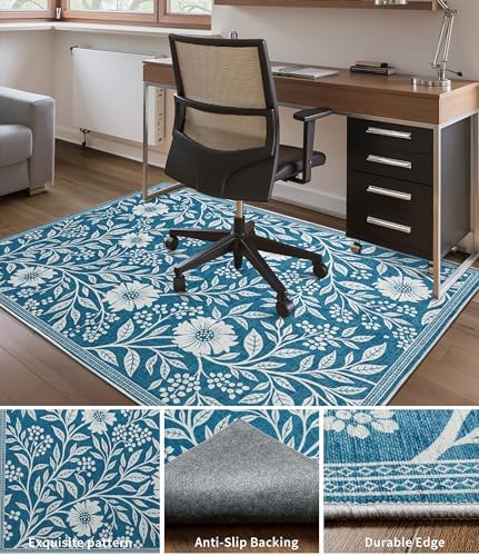 chakme Office Chair Mat for Hardwood Floor, 72"x48" Easy Glide Computer Desk Mat Protector for Rolling Chair Under Desk Rug Nonslip Backing, Machine Wash, (Blue Flowers)
