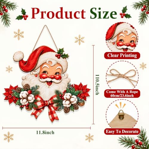 Christmas Decorations Vintage Santa Hanging Wood Sign for Front Door Decor