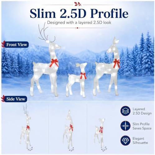 34IN 3-Piece 2.5D Lighted Christmas Deer Family Outdoor Decorations, White Pre-Lit Reindeer Set with 45 Lights, Stakes and Zip Ties for Yard Lawn Porch Garden Patio Holiday Party Decor