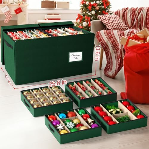 Christmas Ornament Storage Box - Ultra Large Drawer Ornament Organizer with 8 Separate Trays & Adjustable Dividers, Portable Ornaments Box with Cover & Handle for Holiday Decorations(Green)